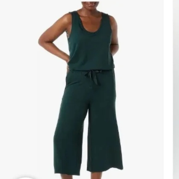 Daily Ritual Pants - Daily Ritual Dark Green Terry Tank Top Cropped Wide Leg Jumpsuit Size Medium